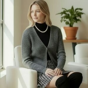 Like New Link Silver Metallic Silk Cardigan Jeweled Button Medium